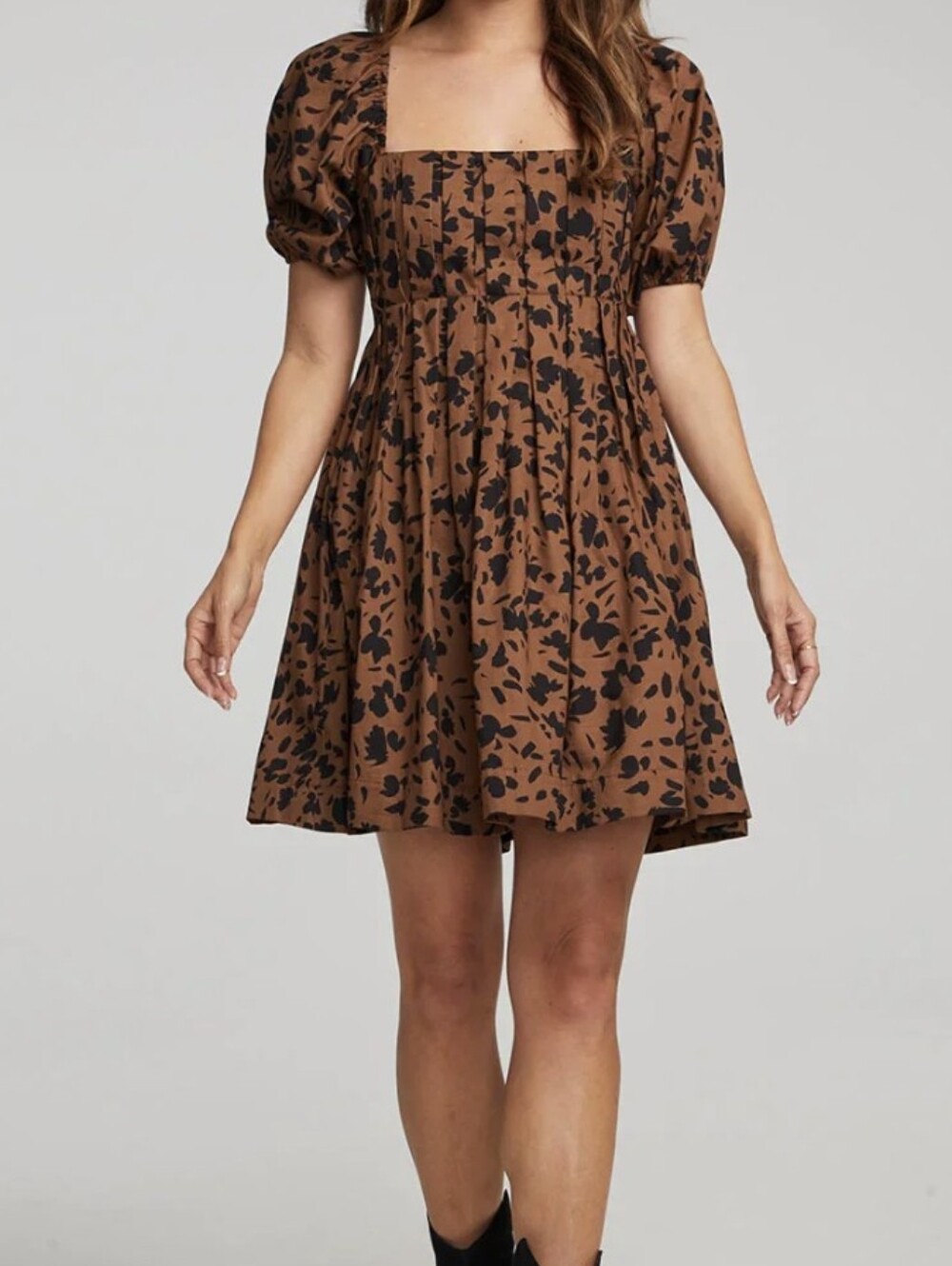 Saltwater Luxe Cina Floral Puff Sleeve Mini Dress Brown Black Cotton Small